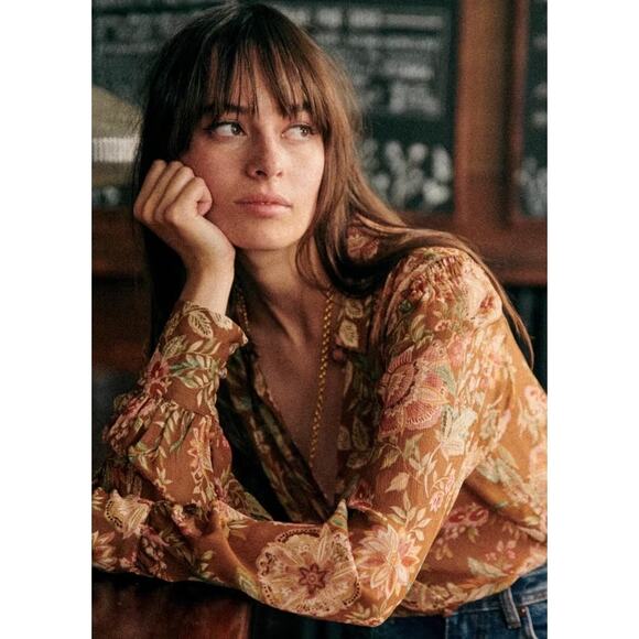 RARE Sezane Tianna Shirt FR 40 US 8 Size Large Flower Camel Brown Sheer Flowy